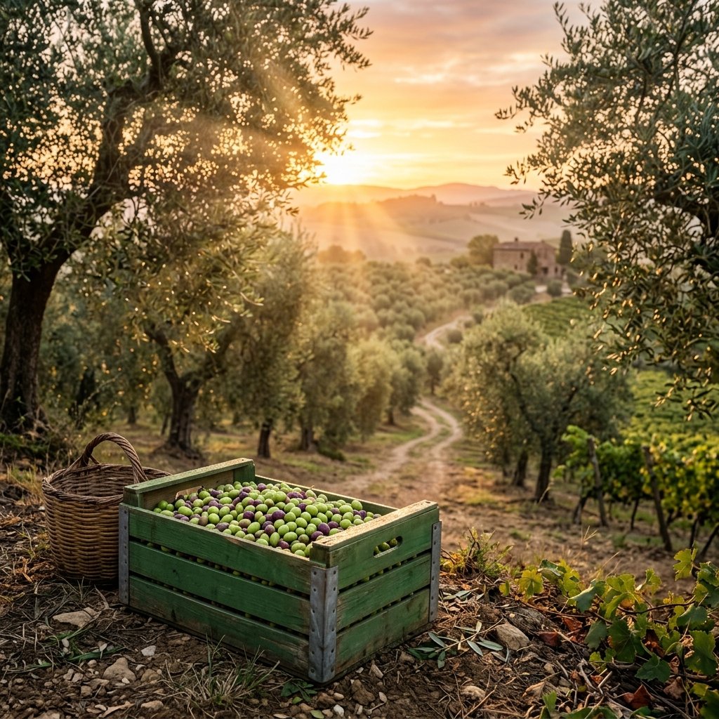 Olive orchard grove during golden hour sunrise