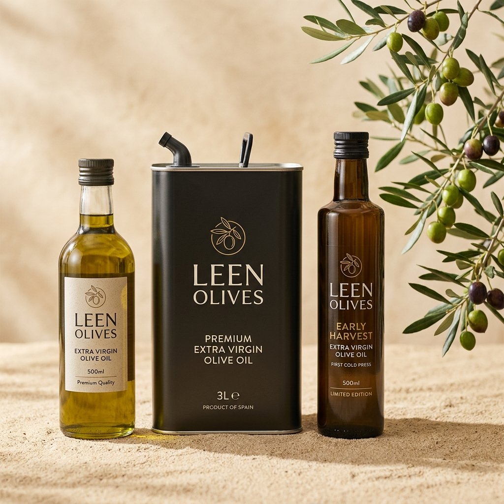 LEEN OLIVES product line: Extra Virgin Olive Oil, Premium Olive Oil 3L Tin, Early Harvest
