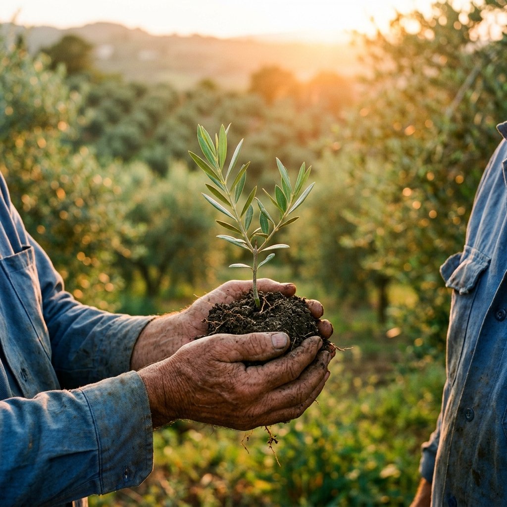 Farmer holding young olive sapling in rich soil